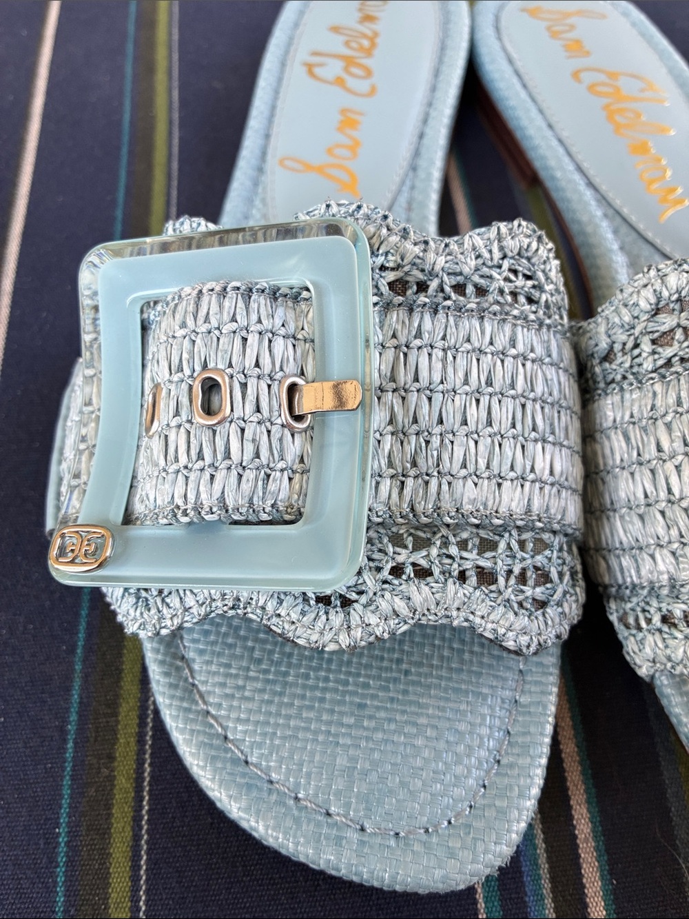 Sam Edelman Pale Blue Raffia Buckle Slide Sandals - Picture 3 of 8